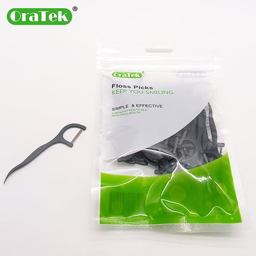 bamboo charcoal (antimicrobial) infused dental floss pick | with toothpick at the end other of the handle | 150 picks per bag | GT0513D